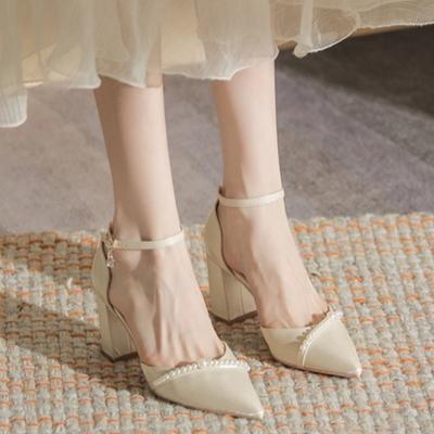 Модные жемчужные туфли-лодочки на высоком каблуке, женские французские атласные туфли с острым носком, неглубоким вырезом, устойчивым блочным каблуком, нескользящей квадратной подошвой, одинарные