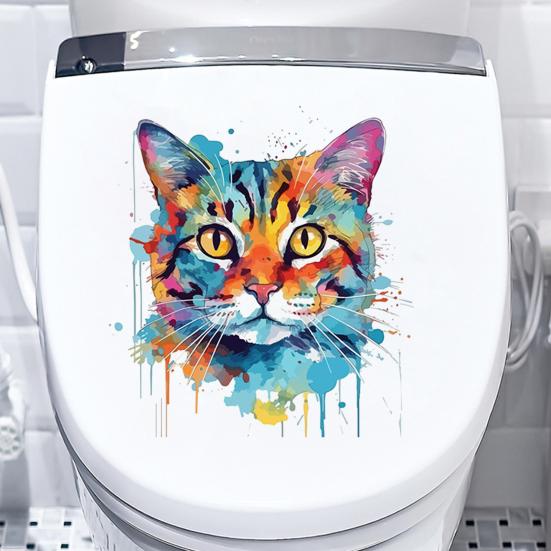 Цветной рисунок наклейка на унитаз с котом, водонепроницаемая, съемная, самоклеящаяся, ПВХ, настенное искусство для гостиной, ванной комнаты, акварель, котенок, декоративная наклейка на крышку унитаза