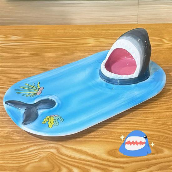 Суши-тарелка в дизайне акулы 3-в-1 Керамическая обеденная тарелка с соусницей Держатель для палочек для еды Безопасна для микроволновой печи Поднос для суши