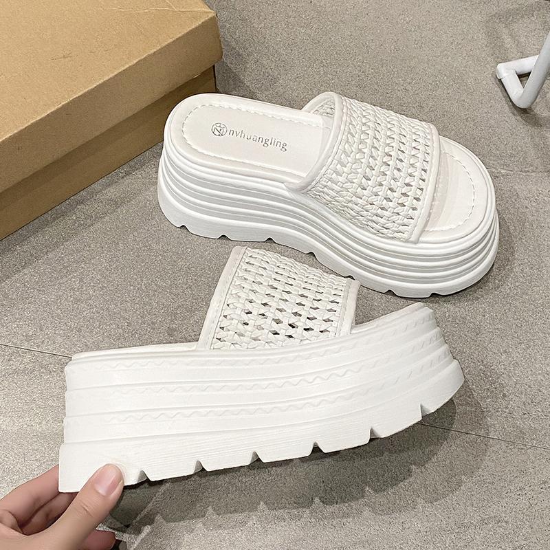 Fashion 8CM Platform Sandals Women 2025 Summer New Non-slip High Heels Weave Leather Slippers Ladies Open-toed Roman Soft Beach Shoes