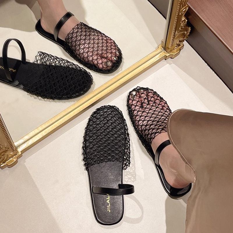 Мода 2024 Новая пляжная обувь Комфорт Ретро Женская обувь на плоской подошве Летние сетчатые сандалии с перфорацией Женские балетки Неглубокие тапочки