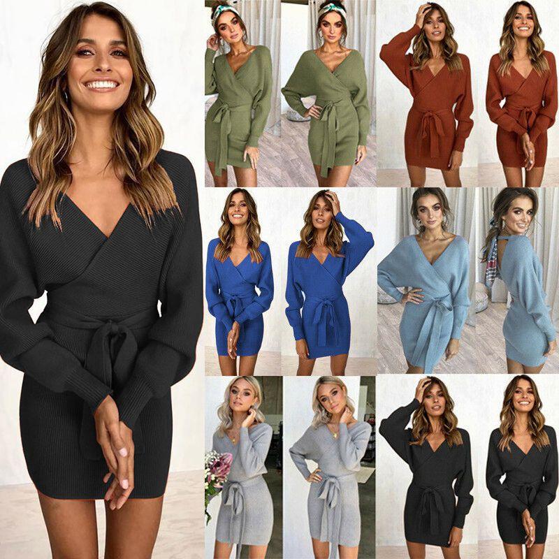 Элегантное женское облегающее платье-джемпер с V-образным вырезом, длинными рукавами и поясом-завязкой