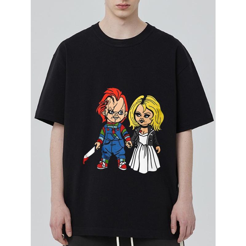 Chucky and Tiffany Cartoon T Shirt Black Horror Movie Characters Print Casual Wear for Men and Women