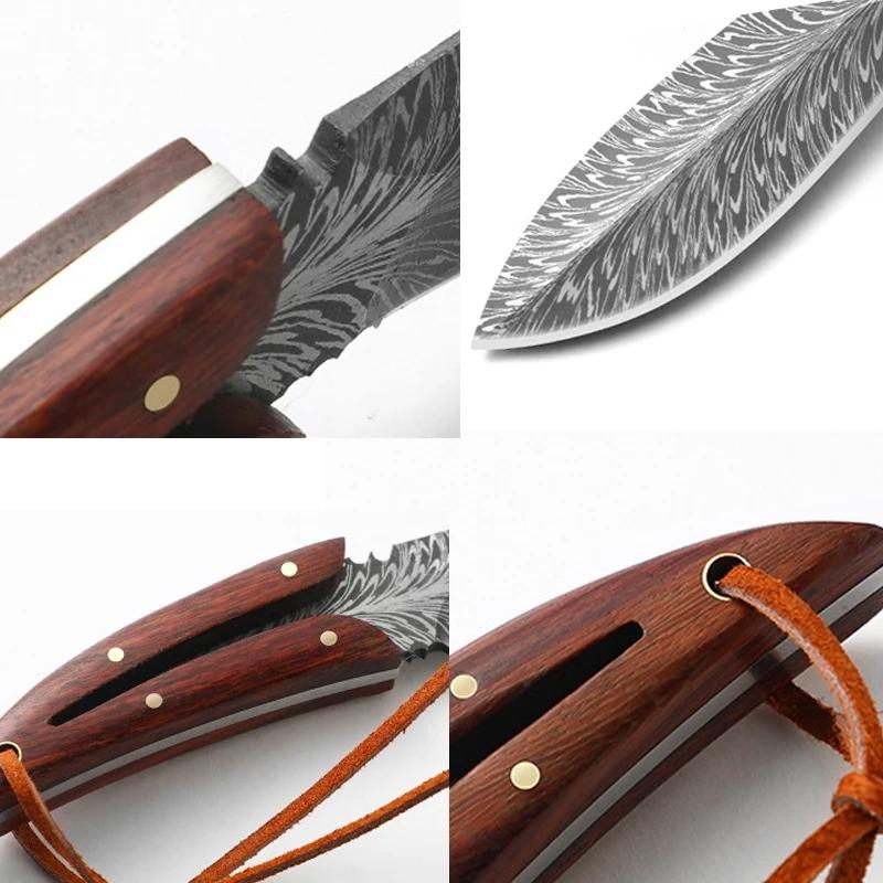 Карманный нож, профессиональные кухонные ножи, нож для разделки мяса из нержавеющей стали с ножнами с перьевым узором, кованый тесак для мяса