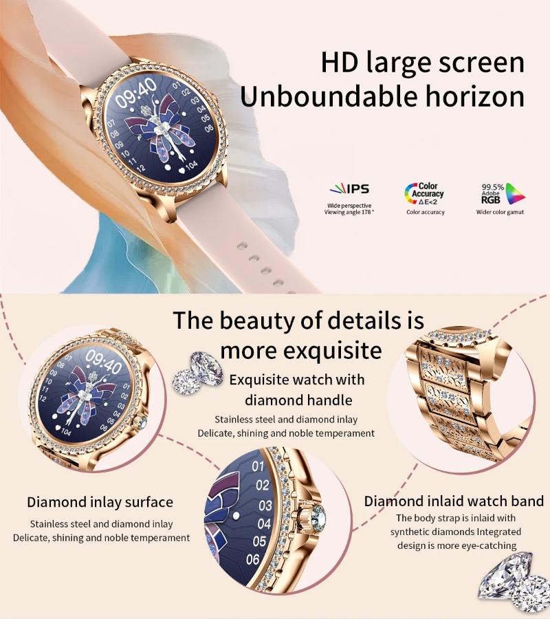 2025 Fashion Luxury Gold Women Smart Watch Heart Rate Blood Oxygen Sleep Monitoring Diamond Bracelet Bluetooth Call Smartwatch Ladies
