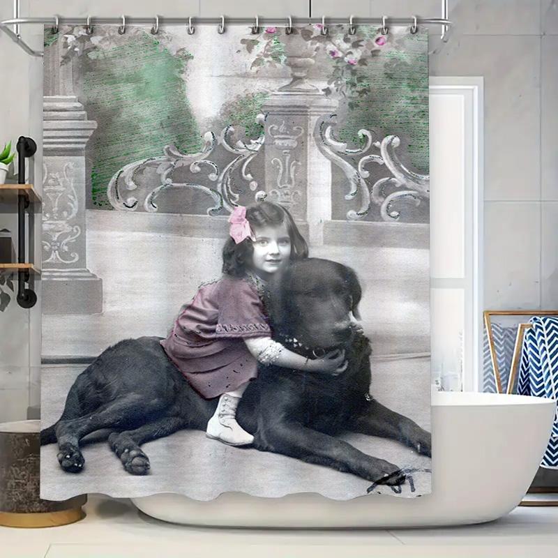 Abstract Cat Print Shower Curtain Blue White Polyester Fabric with Metal Hooks for Bathroom Decorations in Various Sizes