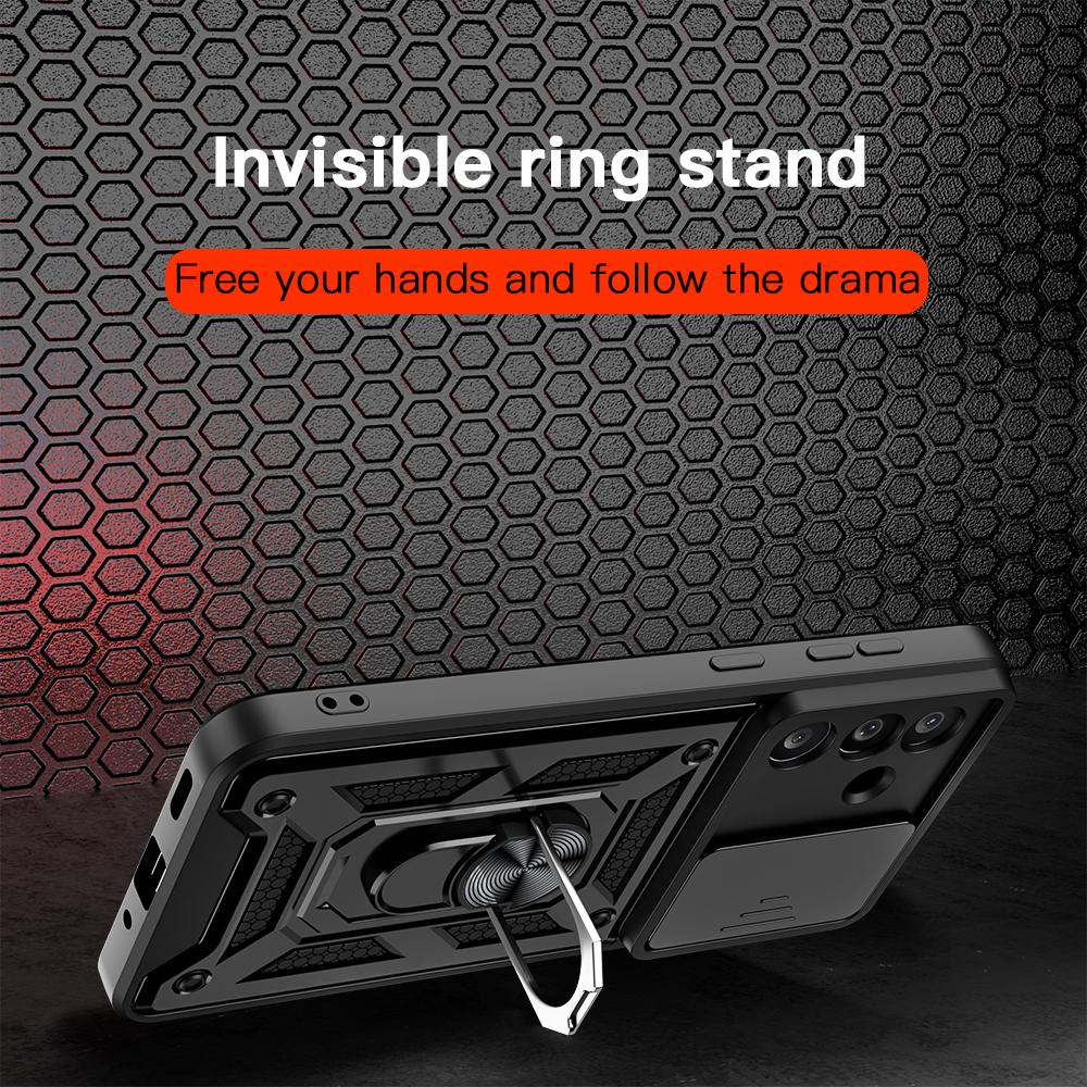 KEYSION Противоударный чехол для Samsung M56 5G Силикон+ПК Сдвижная защита камеры Кольцо-подставка Задняя крышка для телефона Galaxy F56 5G