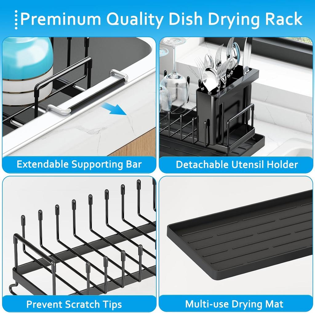 Sink Dish Drying Rack Expandable Dish Rack Over Sink with Silicone Drying Tray Drainer for Kitchen Counter with Cutlery Holder