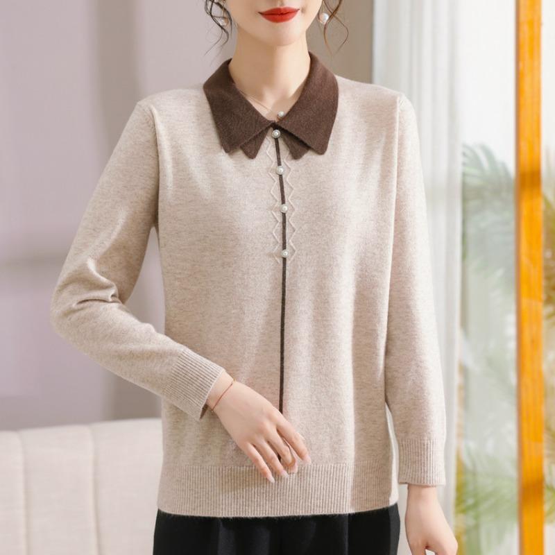 Mom Autumn Knitted Sweater Bottom Lapel New Top Medium and Old Women's Sweater Outer T-shirt Women