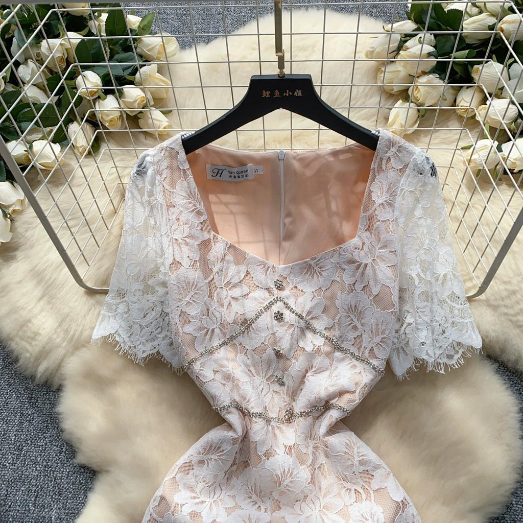 Летние женские элегантные квадратные воротники с бисером, кружевные, вязаные крючком, с цветочным принтом, для офиса, вечерние, тонкие облегающие платья-карандаш