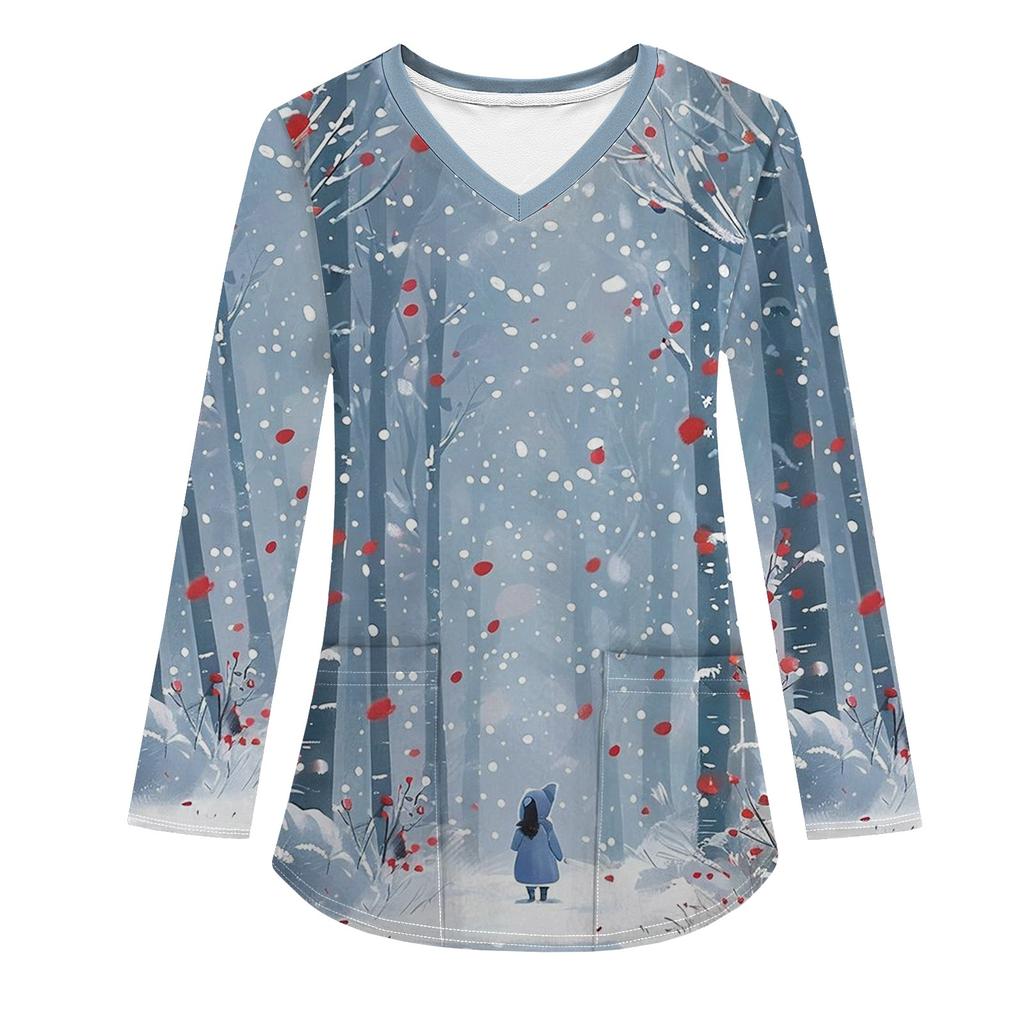 Женская модная рабочая одежда с V-образным вырезом, длинным рукавом и карманом, рождественский принт, футболка, топ