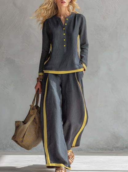 1116 new European and American style contrasting colors imitation Mama wide-leg pants suit women's summer casual fashion long-sleeved two pieces