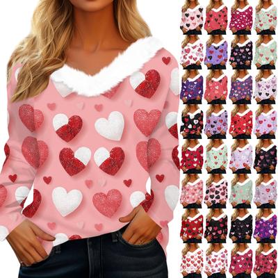 Женская рубашка с длинным рукавом и принтом в виде сердца ко Дню святого Валентина, повседневная свободная футболка с V-образным вырезом, топы