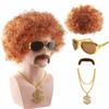 Mixed Brown Short Roll Chemical Fiber Synthetic Wig 4-Piece Glasses Necklace Beard Suit