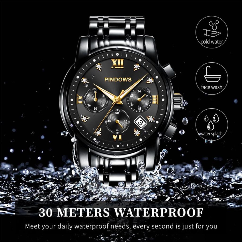 PINDOWS роскошные кварцевые аналоговые часы с большим циферблатом и датой водонепроницаемые модные деловые часы из нержавеющей стали классические часы с люминесцентным календарем для мужчин