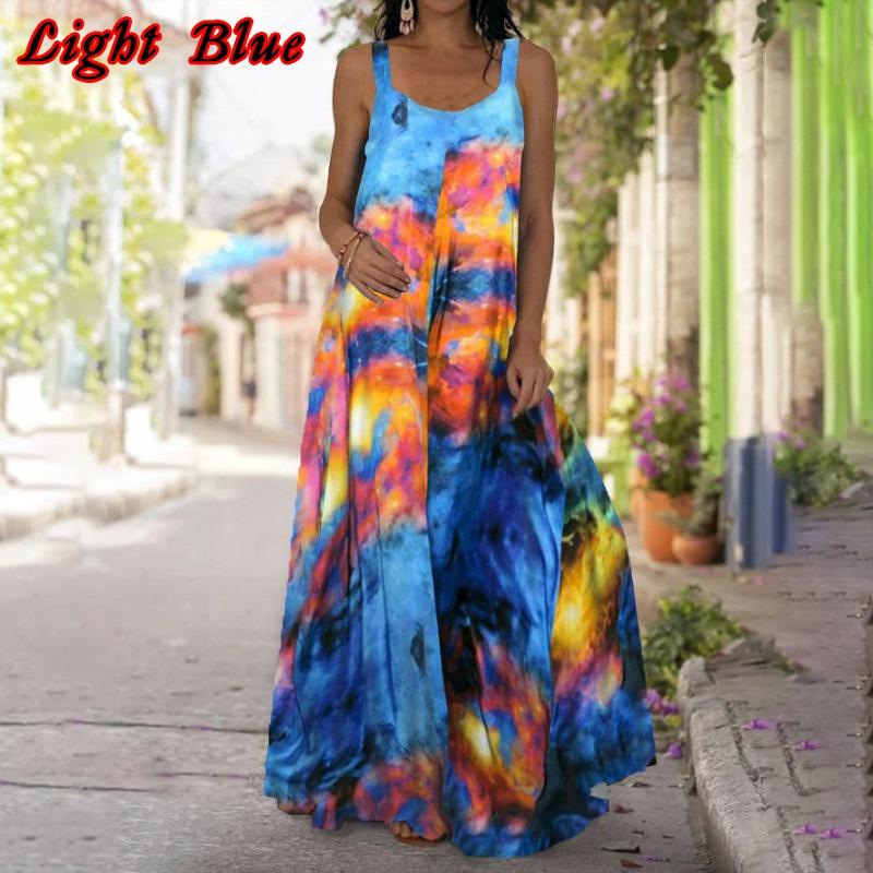 Women Fashion Sleeveless Swing Long Sling Dress Boho Tie Dye 3D Printed Maxi Dresses Casual Spaghetti Straps Summer Dresses Plus Size