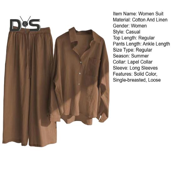 2 шт./компл., женская рубашка больших размеров, комплект брюк, сплошной цвет, блузка с воротником с лацканами и длинными рукавами, высокая талия, свободные широкие брюки, комплект, повседневная одежда для поездок на работу