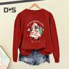 Fall Winter Lady Sweatshirt Cartoon Print Elastic Cuffs And Hem Loose Round Neck Pullover Mid Length Daily Wear Sport Top