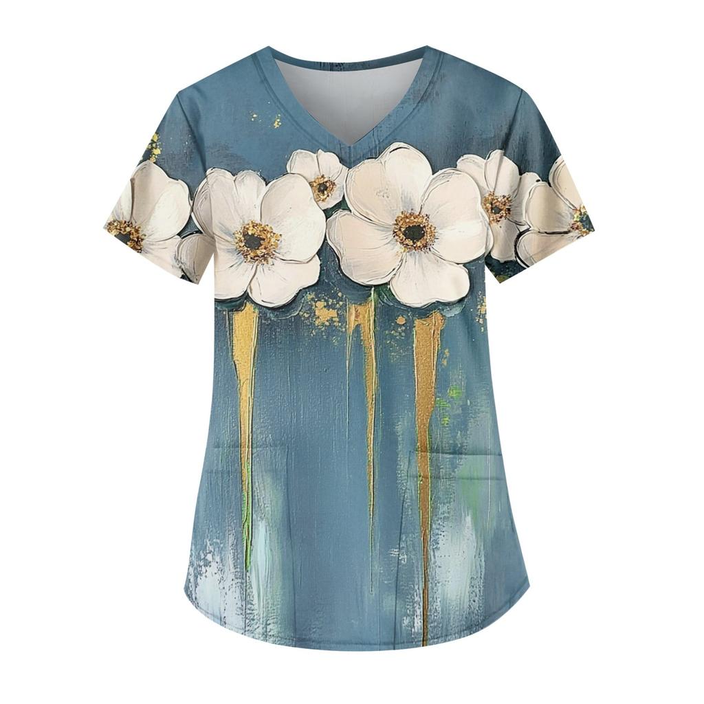 Рабочая форма больших размеров с принтом, топы для женщин, забавные футболки с v-образным вырезом и короткими рукавами, рабочая одежда, футболка с карманами