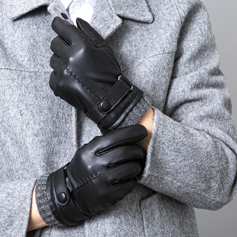 Fleece Genuine Leather Gloves for Men Touch Screen for Warmth In Autumn and Winter and Sheepskin Gloves for Driving and Cycling