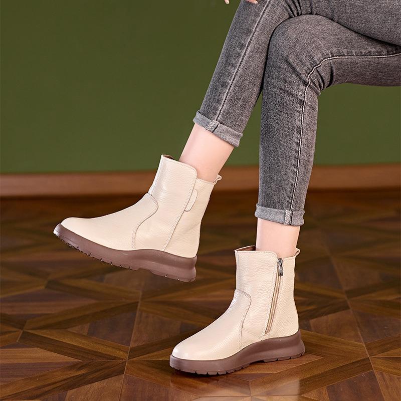 First Layer Cowhide Autumn and Winter Leather Martin Boots Women's Side Zipper Leather Women's Large Size Casual Shoes