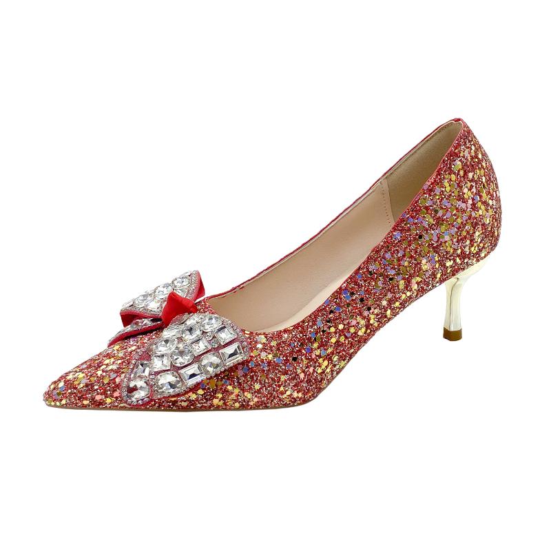 Модные туфли-лодочки Rimocy красного цвета с блестящими пайетками, на тонком каблуке, женские, 2025, модные, с хрустальным бантом, свадебные туфли для вечеринки, женские, блестящие, на высоком каблуке, свадебные туфли