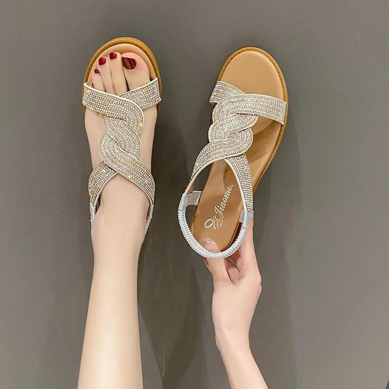 2025 Summer New Designer Platform Sandals Women Casual Roman Shoes Female Solid Color Crystal Sandalias Mujer