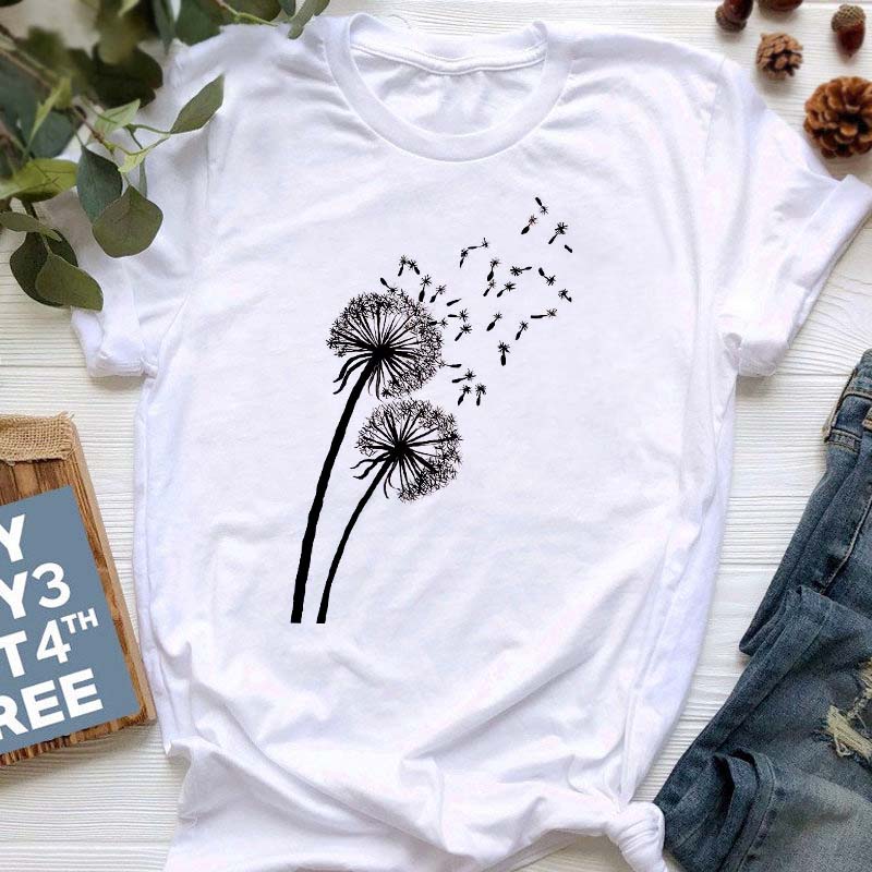Летняя женская футболка с принтом одуванчика, свободные женские рубашки больших размеров, повседневная футболка с коротким рукавом, топ, черные модные футболки с круглым вырезом