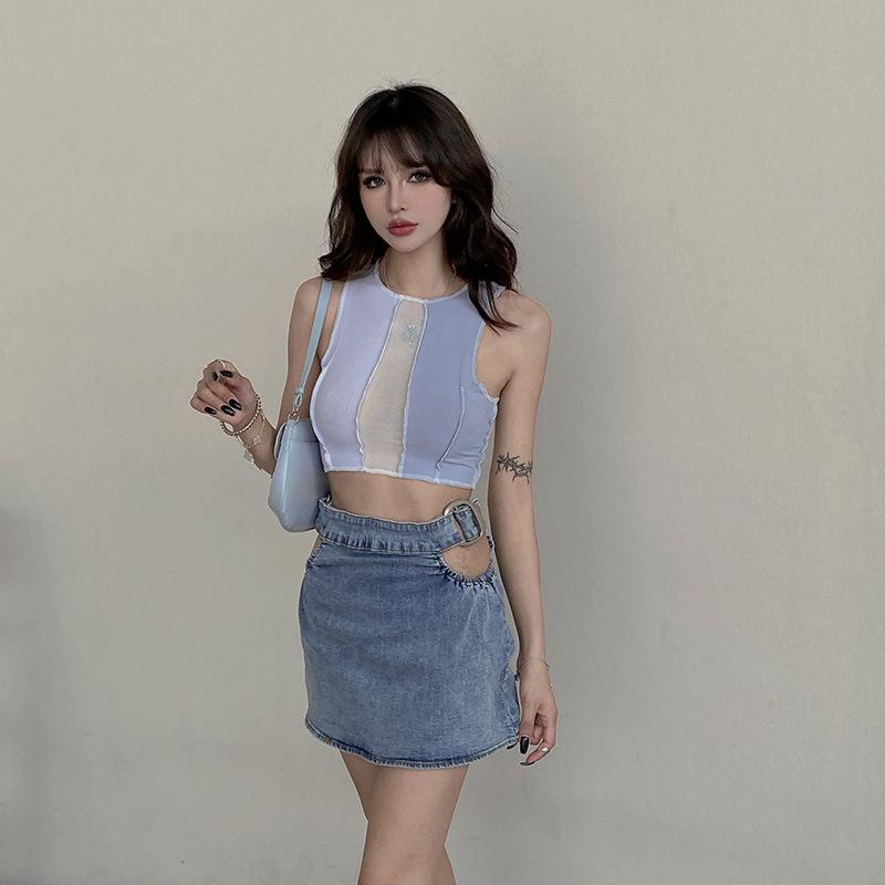 Women’s Summer Color Patchwork Vest Fashion Round Neck Exposed Navel Sleeveless Bottoming Top Ladies Slim Casual Tank Top