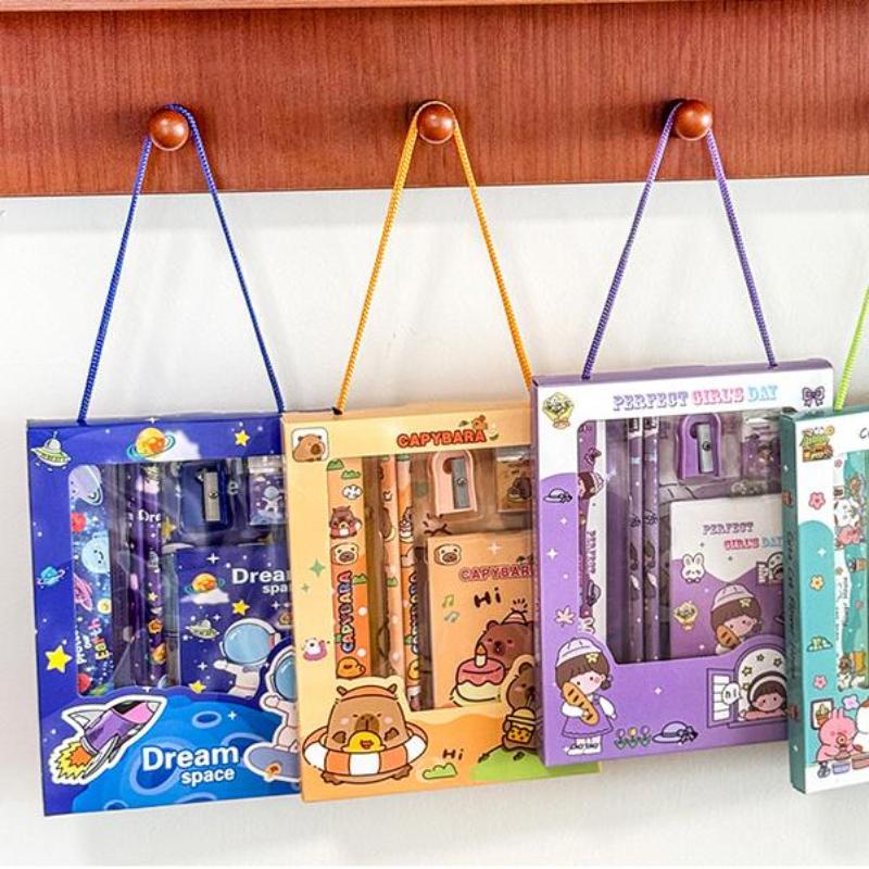 New 6Pcs/Set Cute Cartoon Capybara Pencil Stationery Set Kawaii Eraser Pencil Sharpener Children Student Stationery Supplies