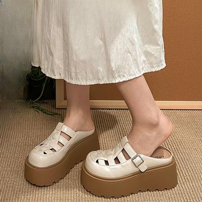 Туфли-сандалии с вырезами, женские, на толстой подошве-маффине, увеличивающие рост, шлепанцы