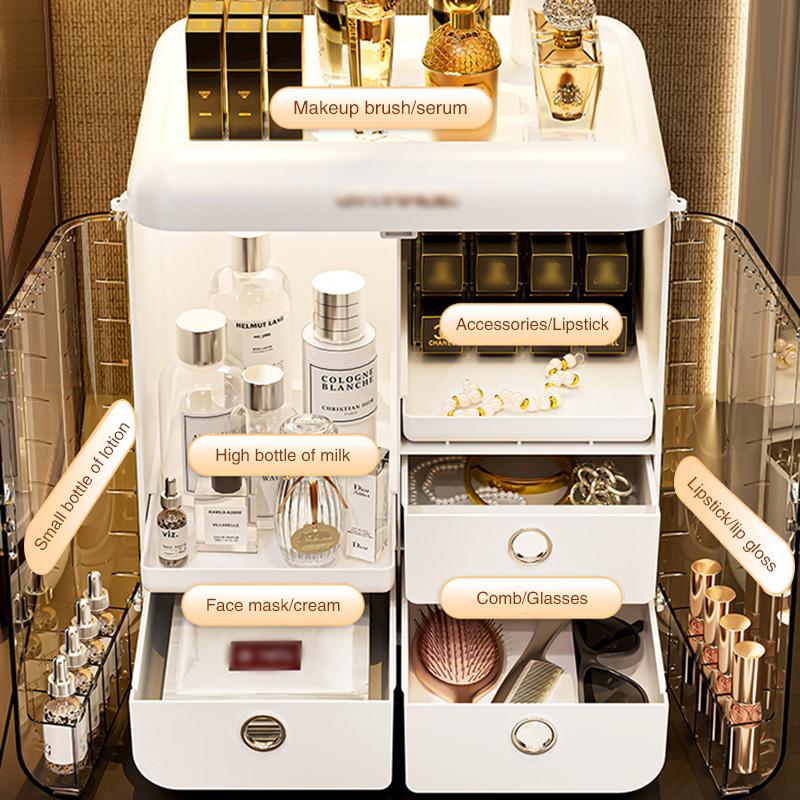 Cosmetics Storage Box Luxury Dustproof with Drawer Skincare Makeup Organizer Large Capacity Home Storage with Cosmetic Mirror
