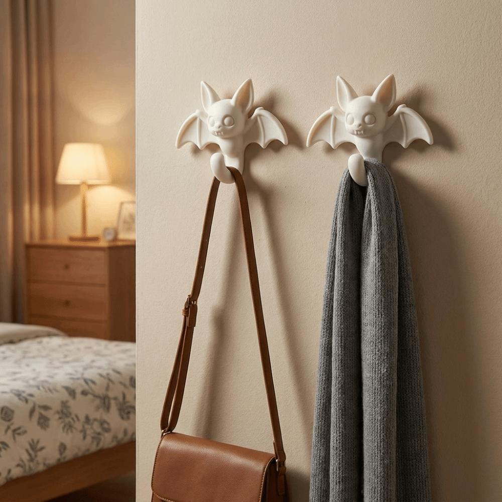 2PCS No Drill Cartoon Bat Shaped Wall Hook 3D Printed Clothes Hook Entryway Hooks Halloween