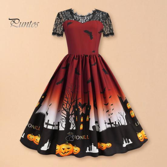Женское платье для вечеринки на Хэллоуин с ажурным кружевом и круглым вырезом в стиле ретро, А-силуэта, с большим подолом, с принтом летучей мыши в стиле «дом с привидениями», с короткими рукавами, вечернее платье для косплея
