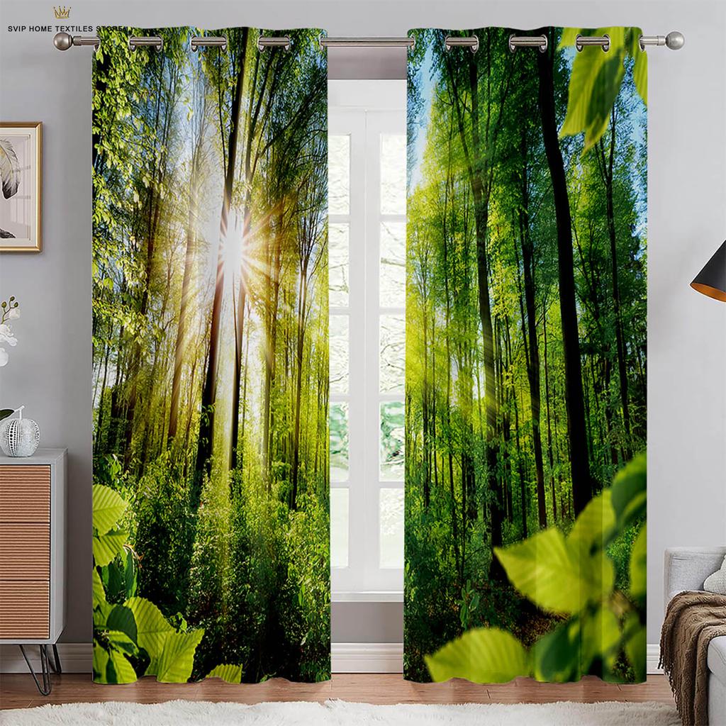 Autumn Forest Scenery Curtains, 3D Printed Curtains, Pastoral Style, Polyester Fiber, Bedroom, Living Room Decoration, 2 Pcs