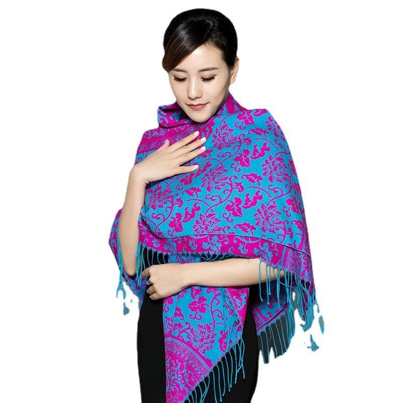 Ethnic Style Blue White Porcelain Faux Cashmere Scarf For Women Winter Autumn Travel Gift