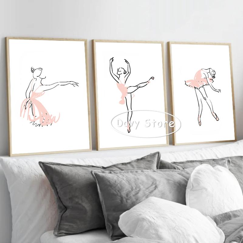 Pink Ballerina Line Abstract Poster Ballet Dancer Canvas Printing Wall Art Picture Modern Minimalist Girls Bedroom Home Decor