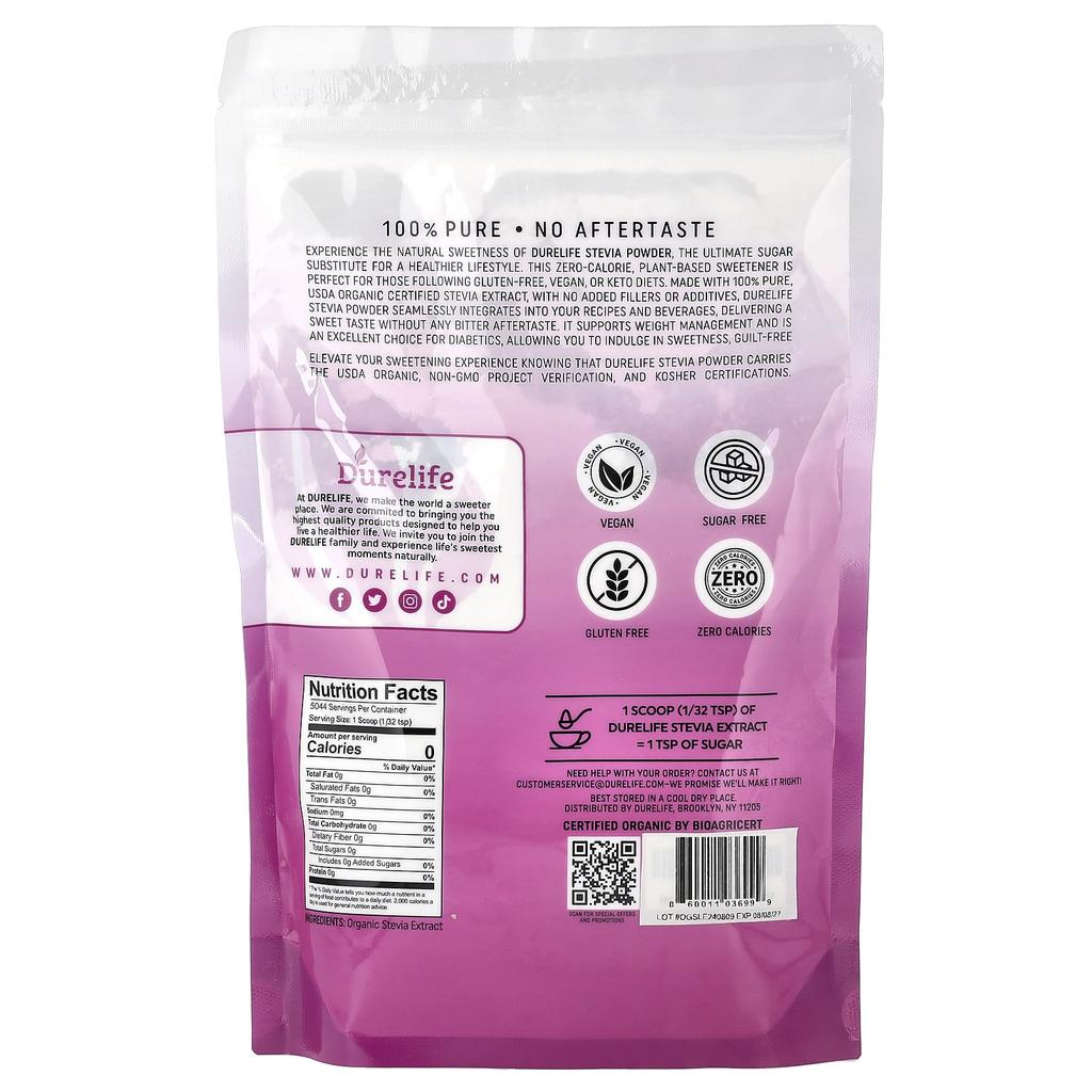DURELIFE NUTRITION LLC, Органический экстракт стевии в порошке, 8 унций (226 г)