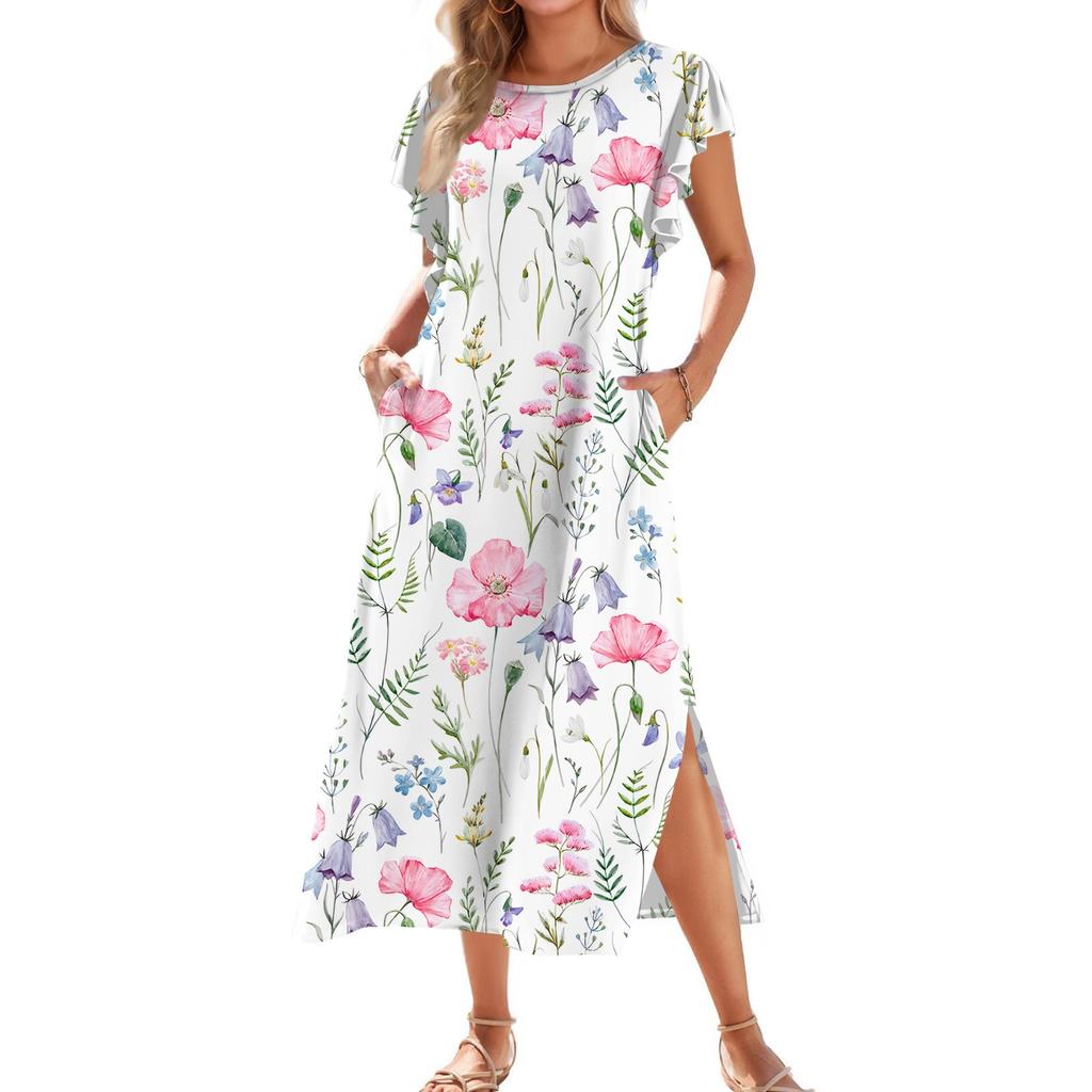 Женское модное летнее повседневное пляжное платье с плиссированными рукавами, свободным ретро-цветочным принтом, короткими рукавами, круглым завязкой и карманом
