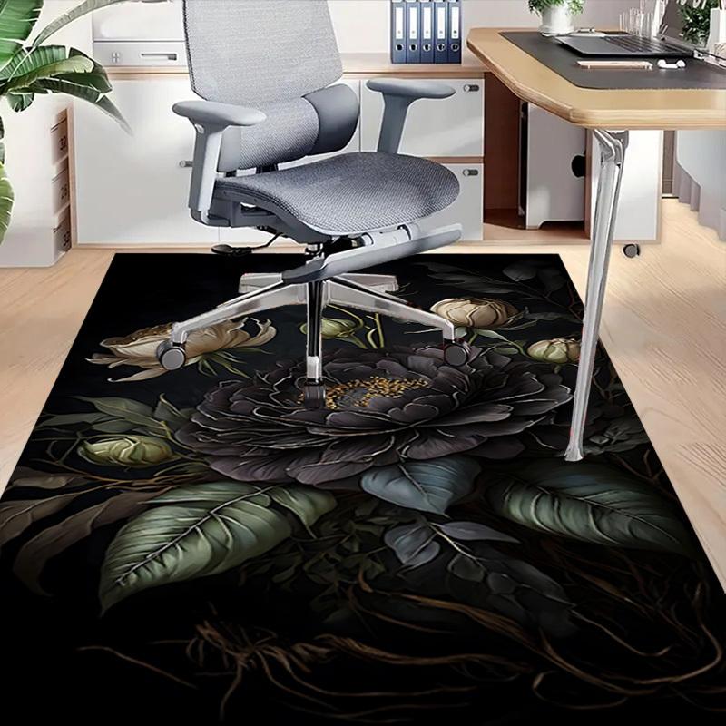 1pc Black Peony Carpet Anti Slip Polyester Floor Mat for office.Bedroom