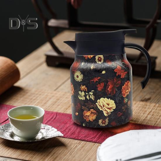 Винтажный заварочный чайник с цветочным узором и встроенным фильтром, V-образным носиком, заварочный чайник для воды под давлением, 1000 мл, изолированный заварочный чайник из нержавеющей стали для