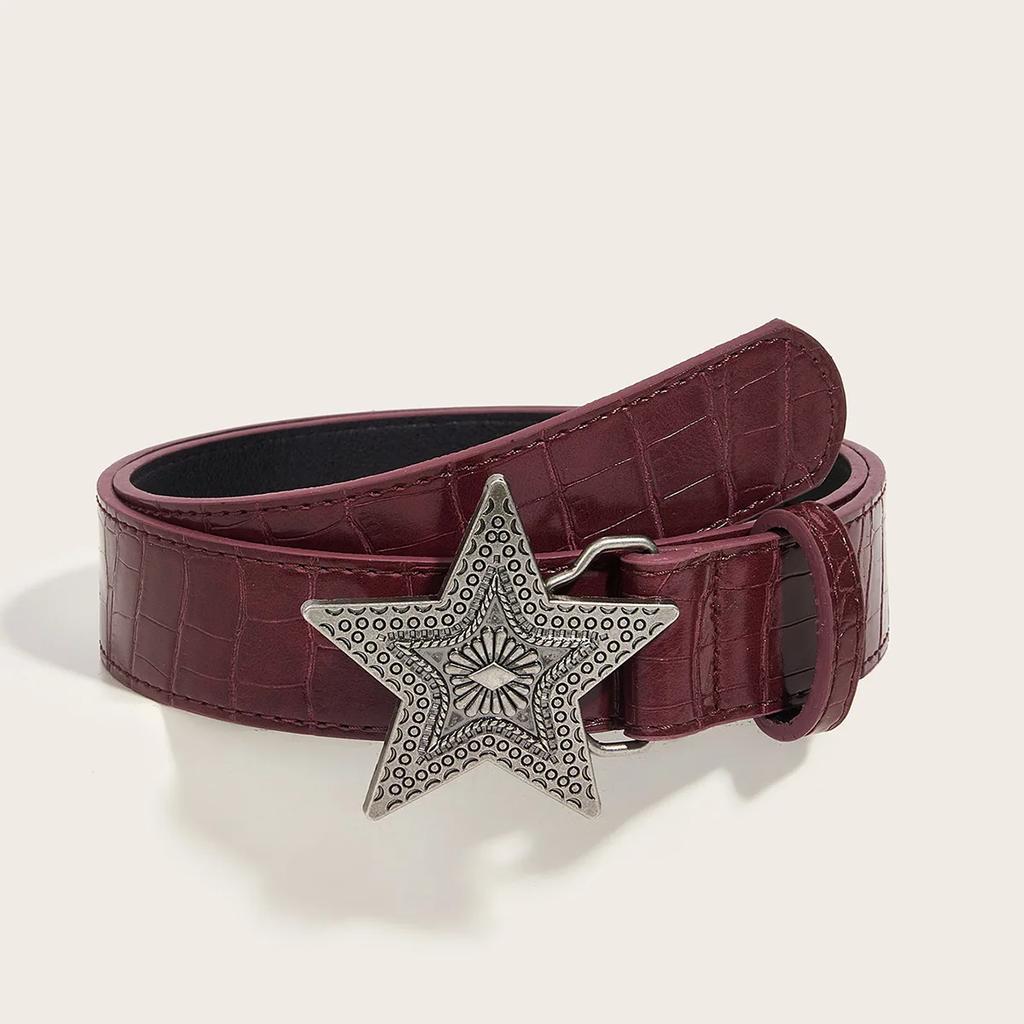 Width 3.3cm Hip-hop Retro Ladies Belt Gothic Punk Five-pointed Star Buckle Pu Leather Girdle Rock Y2k Popular Red Waistband