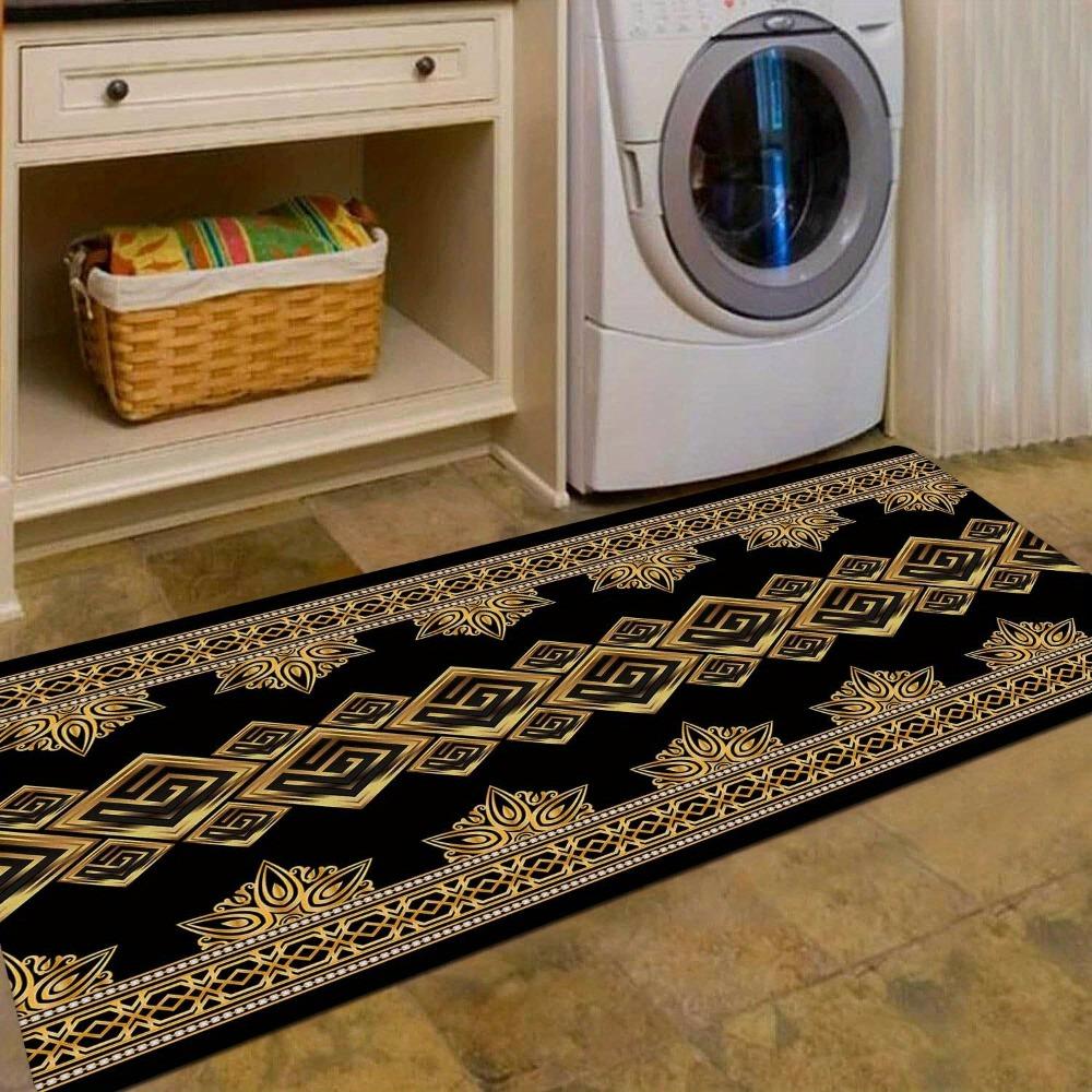 Modern Geometric Printed Runner Rug with Golden Luxury Accents, Soft Polyester Kitchen Hallway Floor Mat