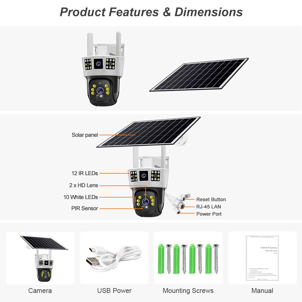 Камера видеонаблюдения с тремя экранами на солнечной батарее, 360°, наружная, день и ночь, полноцветная, с мобильным телефоном, удаленная, с Wi-Fi/4G, беспроводная камера