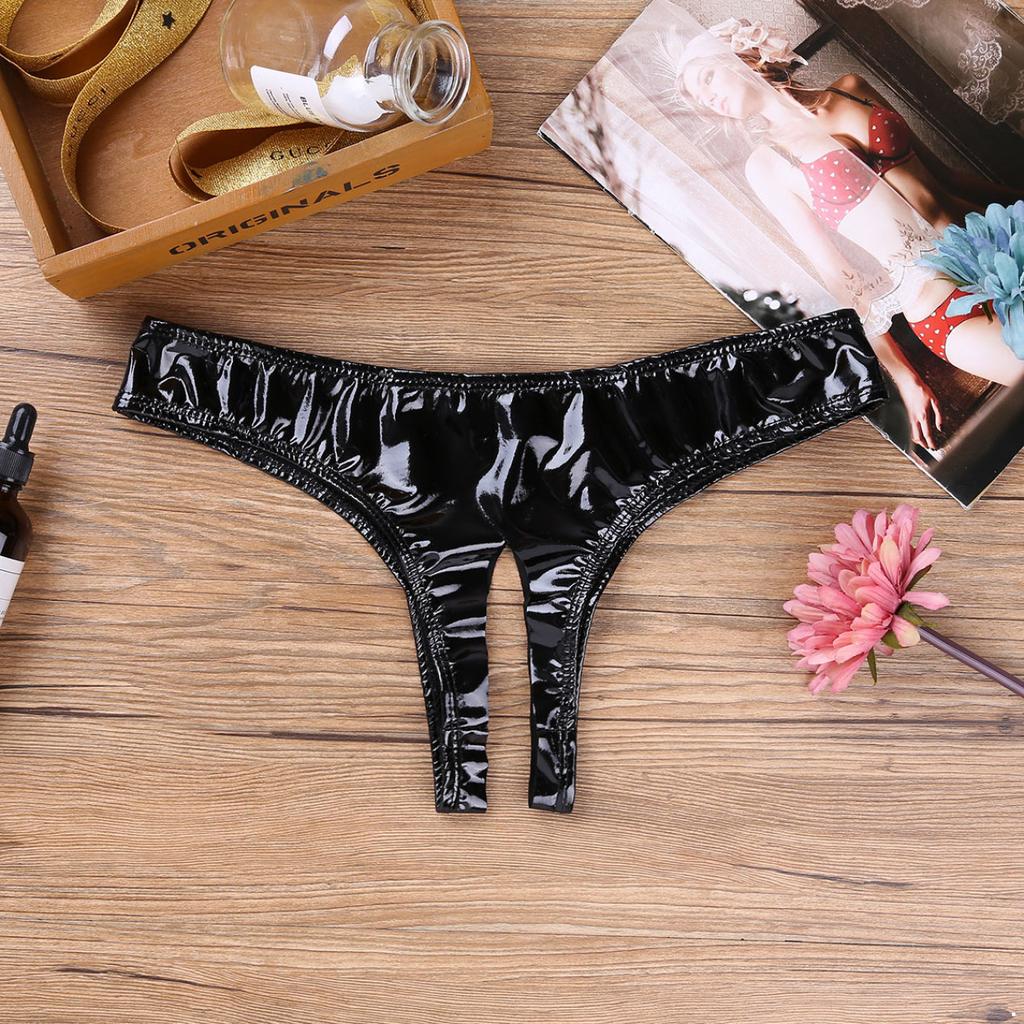 Adults Womens Open Crotch High Cut Thong Elastic Waistband Wet Look Patent Briefs Lingerie