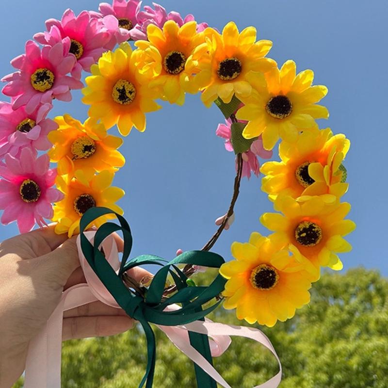 Realistic Sunflower Garland Headband Bohemian Crown Headpiece Tiaras Flower Hairband Women Wedding Party Accessories