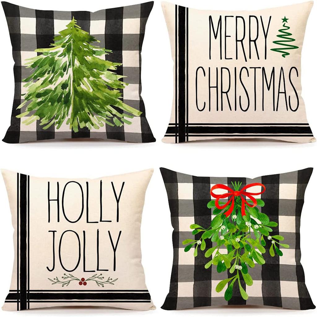 Christmas 4 Piece Throw Pillow Set Red Throw Pillow Sofa Cushion Linen Printed Cushion Bedside Cushion