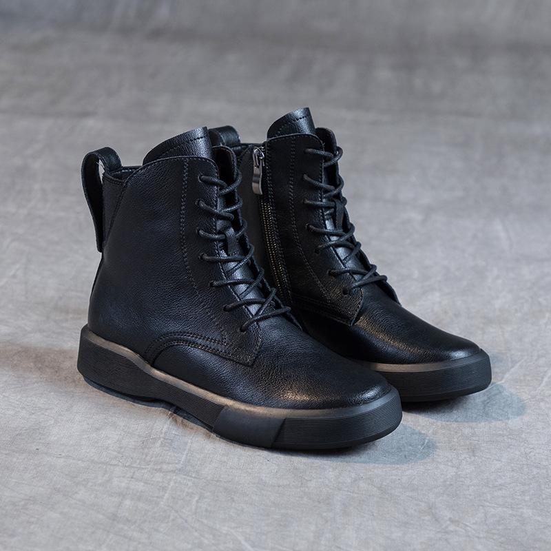 2025 New Martin Boots Women's Large Size Flat-bottomed Versatile Cowhide Women's Shoes Short Boots Women's British Retro Thick-soled Cotton