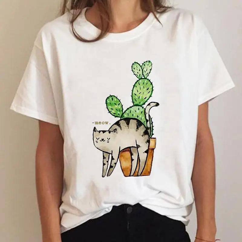 Cat Plant Lovely 90s Vintage Fashion Clothing Printed T-shirt Summer Lady Short Sleeve Harajuku Cartoon Graphic Elegant T Shirt Unisex