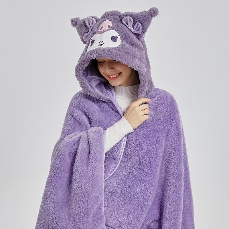Lovely Hooded Robe Multifunctional Air Conditioning Blanket Soft Cape Type Animal Coral Fleece For Adults Winter Wear
